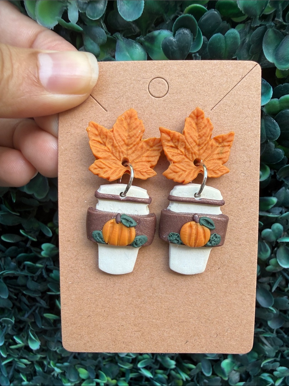 Handmade Orange Maple Leaf & Pumpkin Coffee Cup Earrings